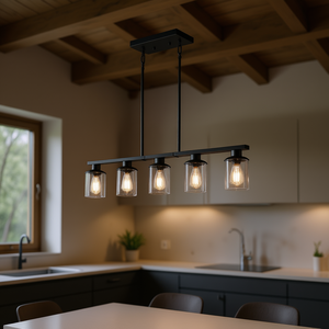 Modern Industrial 5-Light <b>Pendant</b> Chandelier Matte Black Metal Frame Clear <b>Glass</b> <b>Shades</b> 37 Inch Hanging Ceiling Light Fixture - Product Image 2