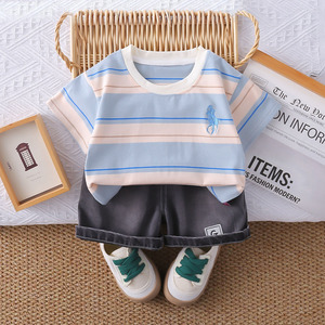 2025 nuevo estilo, traje de verano informal para niños, conjunto de dos piezas bordado a rayas para niños con mangas cortas, ropa informal para bebés - Product Image 5