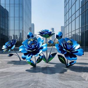 Modernas Estatuas de Flores Azules Gigantes de Metal, Esculturas de Jardín de Acero Inoxidable Pulido a Espejo para Decoración de Hoteles, Villas, Céspedes y Plazas - Product Image 6