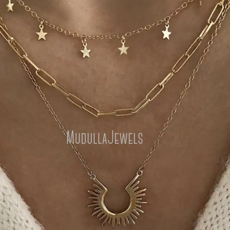 NM44779 Stainless Steel Sun Pendant Pentagram Tassel Star Chain Necklace Gold Plated Titanium Steel Jewellery