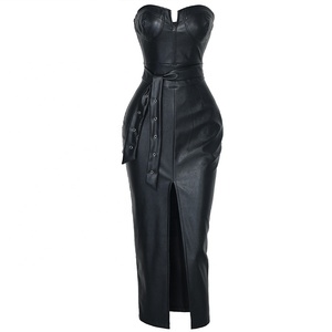 Prezzo all'ingrosso festa Sexy abiti da notte tubo con spacco rivestito <span class=keywords><strong>di</strong></span> <span class=keywords><strong>pelle</strong></span> nera abiti da donna - Product Image 4
