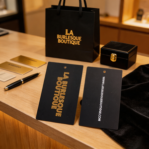 Etichetta Pendente Personalizzata in Carta Nera con Stampa Logo/Nome, MOQ Ridotto, per Abbigliamento e Gioielli - Product Image 4