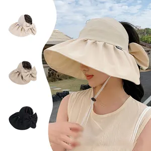 FF1485 Travel Packable Golf Beach Sun Hat Large Big Wide Brim Sun Hat Summer Bowknot Foldable Roll-Up Sun Visor