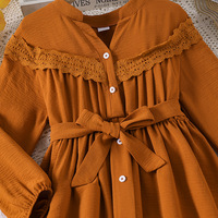 Robe élégante pour jeune fille, nouvelle collection automne 2026, couleur unie, col en V, manches longues, patchwork de dentelle, taille ajustée, pour filles de 8 à 12 ans