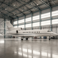 Hangar d'entretien de jets avec fenêtres hautes, sol poli, plateformes de service et accès sur l'aérodrome