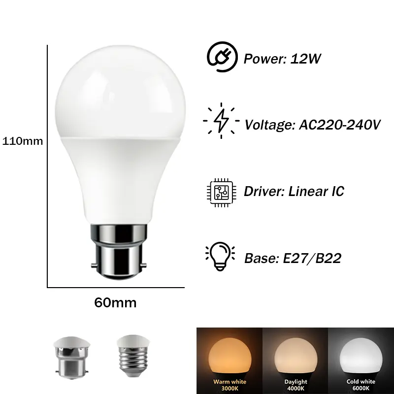 LED High Quality A60 Bulb E27/B22 12W 220V 3000K/4000K/6000K Light No Flicker Plastic Bulb for Home Bedroom