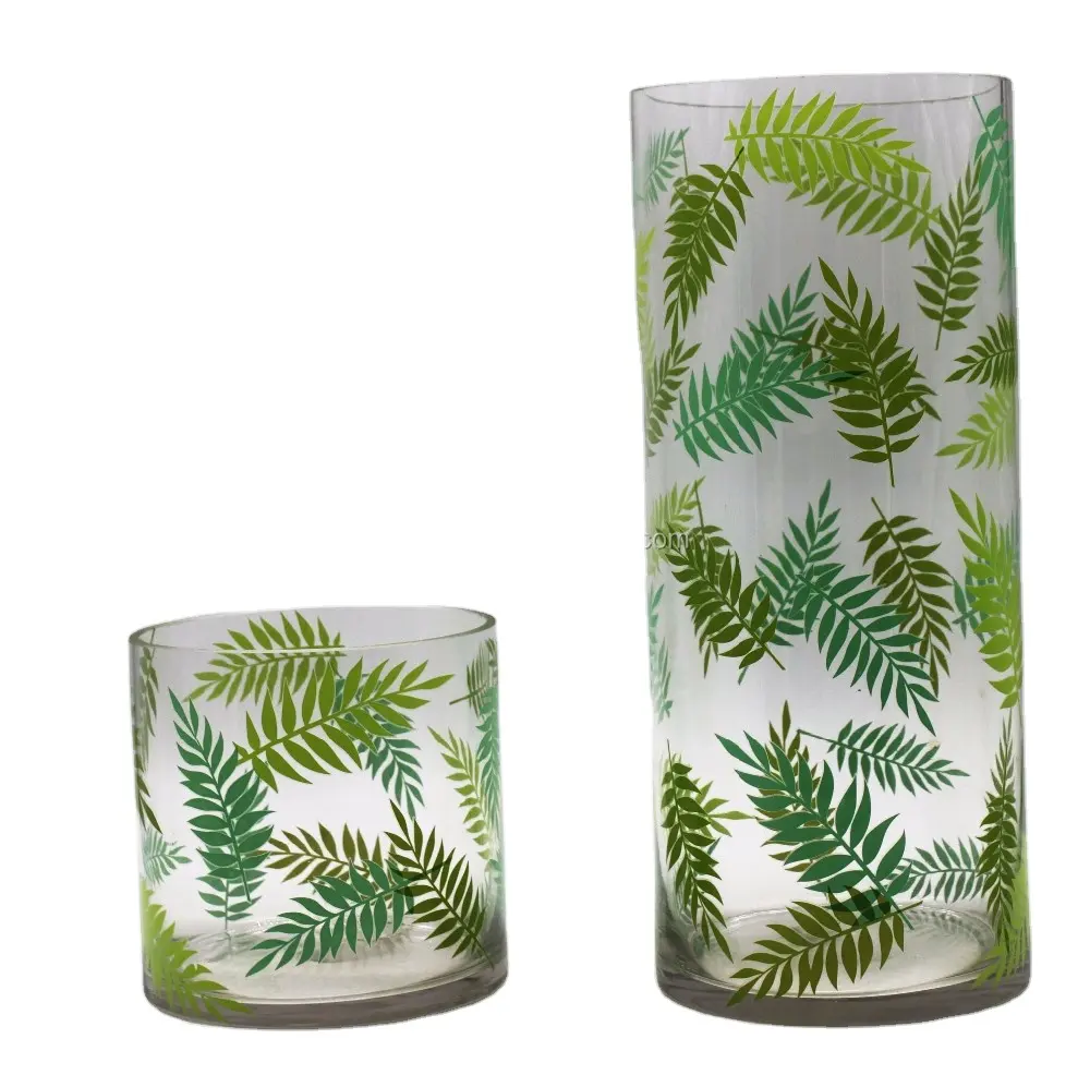 Aantrekkelijke mooie groen/goud/zilveren bladeren decal glazen cilinder vaas