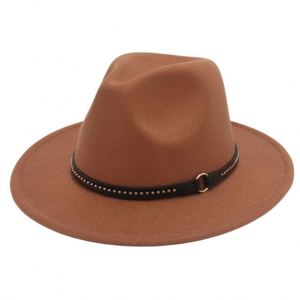 Chapeau Fedora en feutre synthétique de style européen et américain avec large bord et ceinture à rivets métalliques, accessoires de mode pour l'extérieur, chapeaux de cowboy - Product Image 3