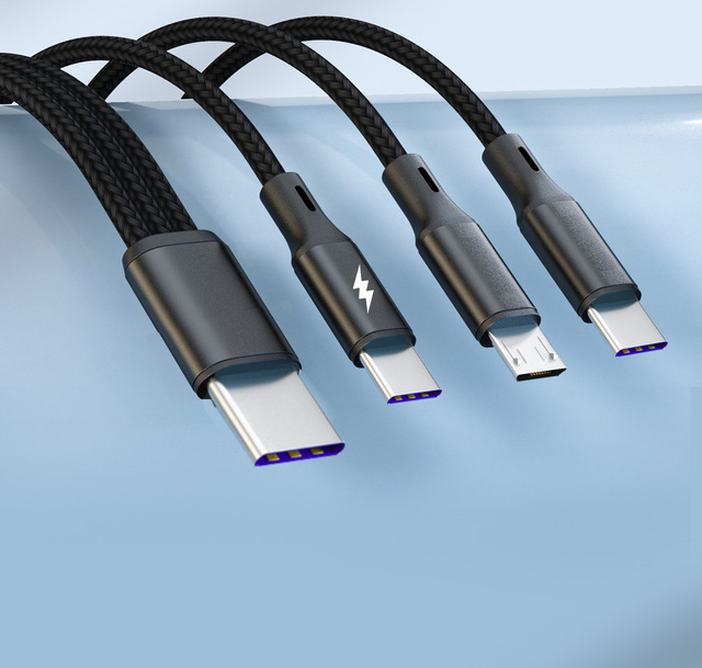 New Designed Multi  Plugs 1.2m 5A Fast Charging Cable Directly Diverged 3 in 1 Nylon Braided Cable