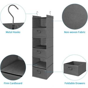 6 Tier Non-Woven Hanging Closet Organizer with 3 Drawers Side Pockets, <b>Foldable</b> Closet Storage for Bedroom Wardrobe Garment <b>Rack</b> - Product Image 3