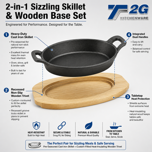 <b>Cast</b> <b>Iron</b> Sizzling Skillet Oval with Wooden Base 2 in 1 Sizzler Platter Set Induction Compatible Oven Safe 500F NSF CE - Product Image 5