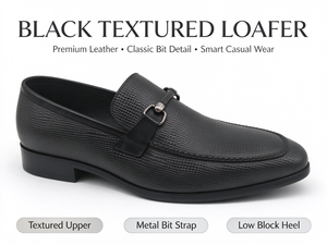 Mocassins pour hommes en cuir véritable texturé, noirs, à enfiler, avec boucle métallique, talon bas carré, pour affaires, bureau, mariage - Product Image 1