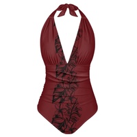 Maillot de bain une pièce pour femme, grande taille, à nouer au cou, imprimé tropical doré, décolleté plongeant en V, effet ventre plat, coupe haute, avec logo frontal, pour piscine et plage