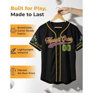 Personalized Black Mardi Gras <b>Baseball</b> Jersey Custom Name Number Unisex Adult Summer Style Button Down Top - Product Image 4