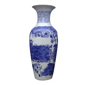 Jarrón de cerámica de porcelana azul y blanca para el hogar, macetas para flores, diseño de paisaje chino, gran escala, 90cm de altura