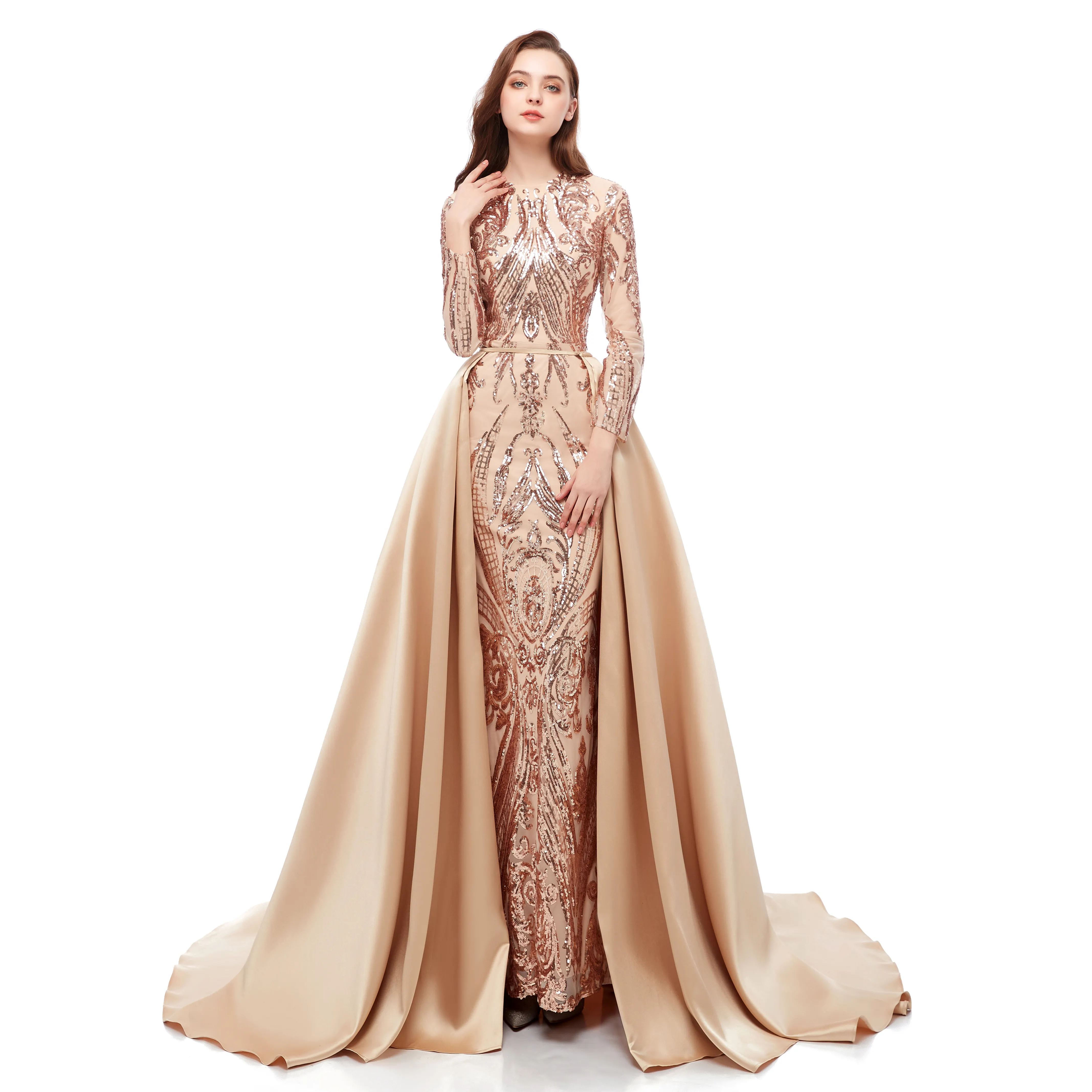 Nouveau design robe de mariée de luxe dorée à manches longues robe de mariée robe de soirée sirène formelle pour femme