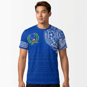 เสื้อยืดลายสักโพลีนีเซียนสีน้ำเงินผู้ชายแขนสั้นคอกลมพิมพ์ลายผ้าฝ้ายผสมสตรีทแวร์ชุดลำลอง - Product Image 2