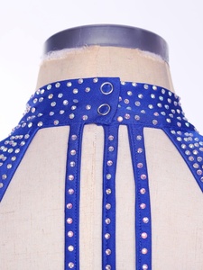 Vestido de baile latino para mujer con flecos, pedrería, licra, cuello halter, malla asimétrica, ajustado, para salsa, baile de salón, competición - Product Image 4