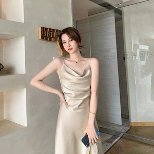 Satin Halter Neck Slip Dress For Women Summer Elegant Long Dress Slim Fit Waist Cinching Solid Color Gold Pink Black Blue - Product Image 2
