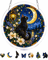 Ornement attrape-soleil personnalisé Chat Noir et Lune en vitrail, acrylique et cristal, Décoration de fenêtre, Réflecteur de lumière, Panneau suspendu