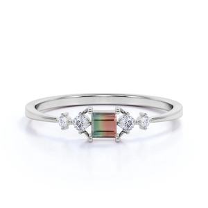 Anillo de Turmalina Sandía con Corte Esmeralda Natural y Circonita Cúbica, Chapado en Plata de Ley 925, para Mujer - Product Image 1