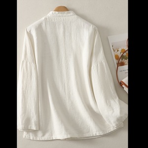 Women's Ramie Linen Shirt Stand Collar Frog Button Chinese Style Tea Dress Top Beige White Autumn Casual Wear - Product Image 5