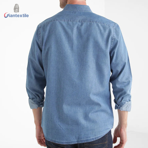 Camicia in Denim da <span class=keywords><strong>uomo</strong></span> in cotone poliestere a manica lunga moda blu tinta unita Camisa De Hombre - Product Image 3