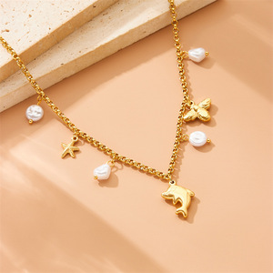 Ocean Style Pendant Necklace With Dolphin Starfish Pearl Charms Stainless Steel Jewelry For Women Fashion Accessory - Product Image 1