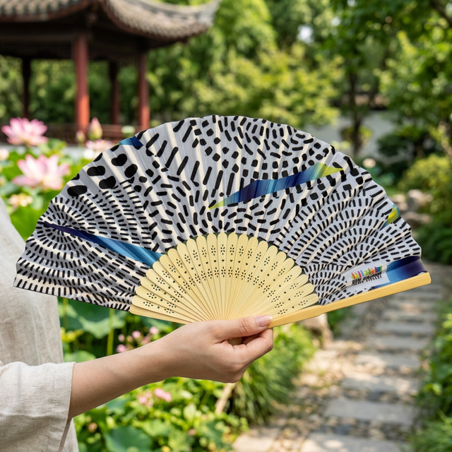Fashion-forward Custom Designs Bamboo Silk Folding White Fabric Held Hand Fan with Portable Summer