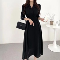 Nouvelle mode femmes longues robes revers chemise col robe à manches longues français élégant couleur unie bureau dame robe décontractée