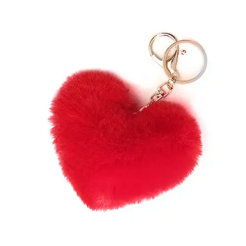 พวงกุญแจลูกบอลขนฟูรูปหัวใจทำจากขนสัตว์เทียมสีสันสดใส,ลูกบอลปอมปอมปอมสำหรับกระเป๋าถือของขวัญวันวาเลนไทน์