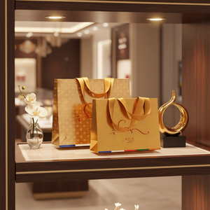 Sacs fourre-tout dorés de luxe écologiques faits à la main en gros, personnalisables avec poignée en ruban de papier cartonné doré et fourrure, pour chaussures et vêtements - Product Image 6