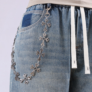 Cadena de cintura cruzada Yueli de aleación de zinc, estilo hip hop para hombre, cadena para jeans de uso diario, diseño de cruz grande de una sola capa. - Product Image 1