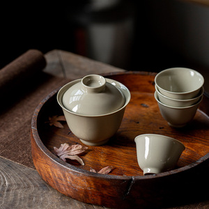 Wood Ash Gaiwan Stoneware Lidded <b>Teacup</b> Handmade Three Piece Tea Set For Kung Fu Tea - Product Image 4