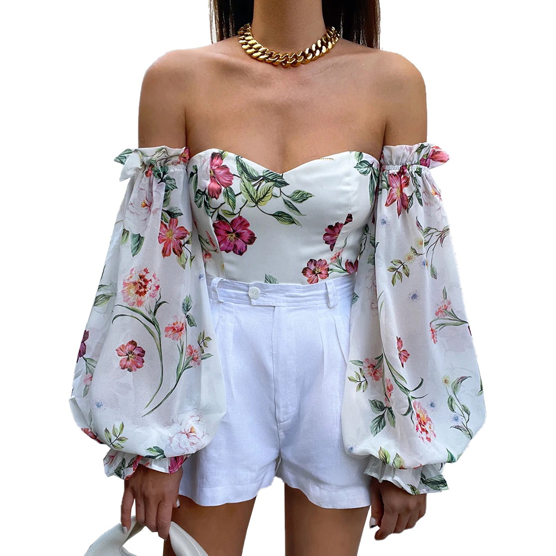 oem custom lady fashion summer female elegant casual plus size loose blouse women floral printed off shoulder crop top for women