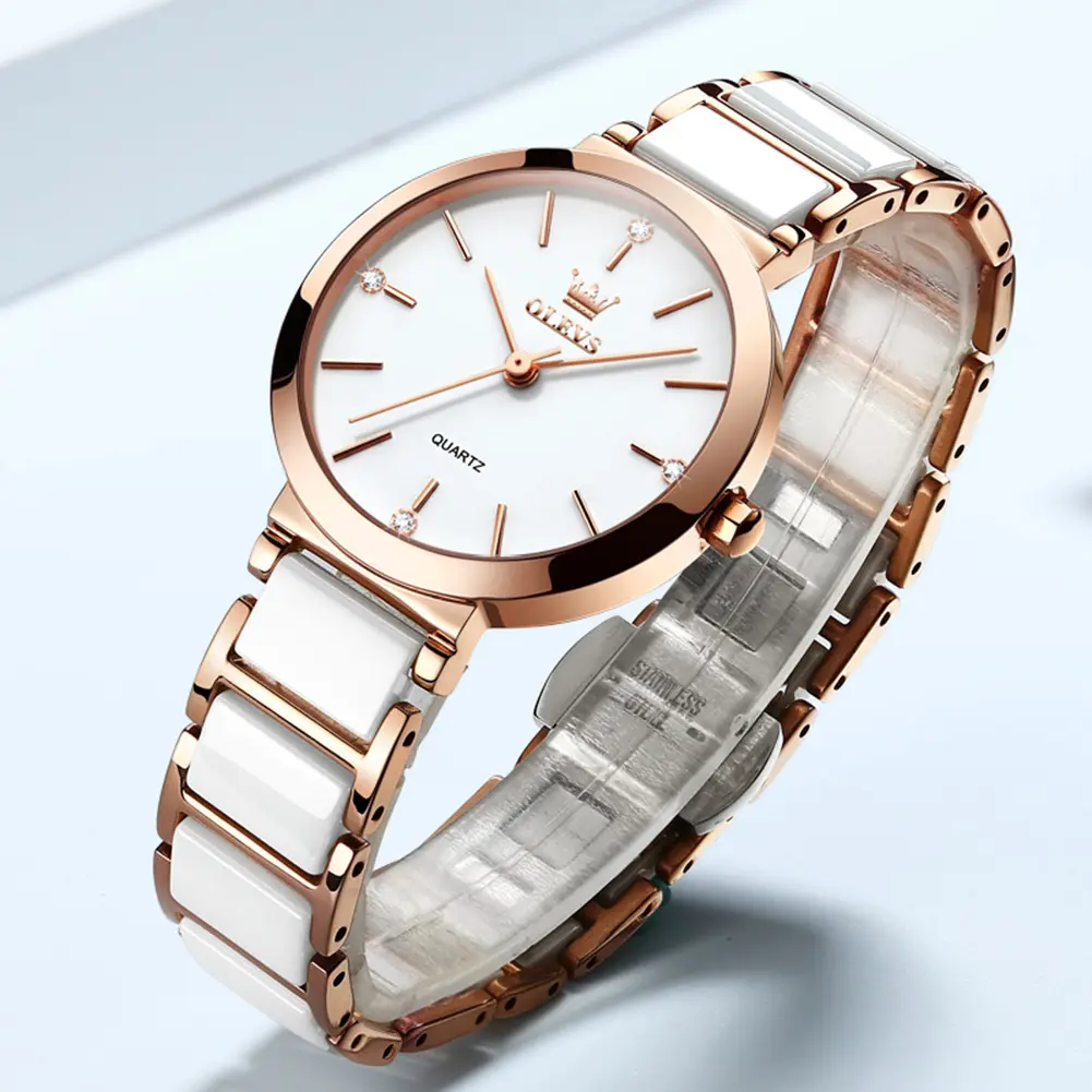 Olevs 5877 Relógio de pulso clássico feminino clássico feminino de quartzo dourado para meninas, novo e elegante, branco e esportivo, marca de luxo da moda