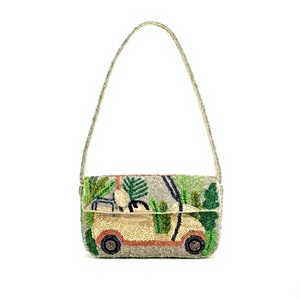 Sac à main à rabat perlé avec motif voiture de dessin animé et feuilles, bandoulière unique, style bohème pour femme, usage quotidien, en lin imperméable - Product Image 1