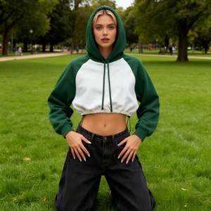 TKAN479D Women's Popular Cropped style casual 100% Cotton Custom Design Blank Logo Drop shoulder Splicing color Hoodies - Product Image 1