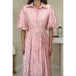 Pink Belted Balloon Sleeve <b>Dress</b> A-Line Chiffon Vintage Sheer Layer Square Collar Natural Waist <b>Prom</b> <b>Dress</b> - Product Image 1