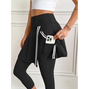 Fisoew Women Skirted Leggings Black With <b>White</b> Stripes Capri Length Athletic <b>Wrap</b> Skirt For Tennis Golf Pickleball - Product Image 2