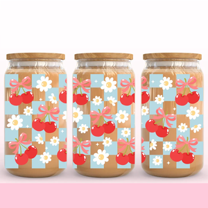 Cherrylicious Kawaii Design Glass <span class=keywords><strong>Can</strong></span> Wrap Retro Girly Red Gingham UV DTF Transferencia de calor en PET y PVC para tazas - Product Image 3