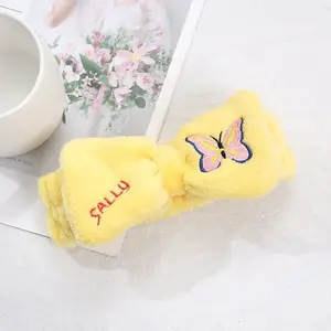 Cute Embroidery Butterfly Makeup Hairband Wash Face Soft Fleece Bath Hair band Bow Knot Velvet Spa Head Band For Girls Women