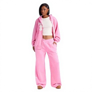 Wholesale Two Piece <b>Set</b> <b>Women's</b> Pink Graphic Patchwork Zip up Hoodie and Wide Leg Sweatpants Streetwear Casual Sport <b>Set</b> - Product Image 1