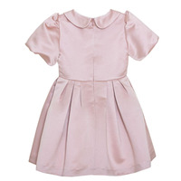 Robe de soirée rose en satin pour enfants avec col Peter Pan, nœud et boutons en strass, manches bouffantes, coupe trapèze, idéale pour mariage ou demoiselle d'honneur