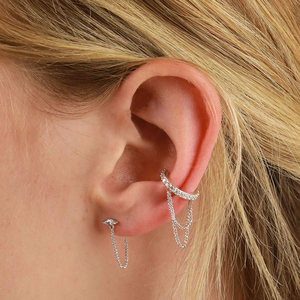 Pendiente Individual de Borla con Cadena de Eslabones y Circón, Tipo Brazalete, Plata de Ley 925 con Baño de Oro y Rodio, Pendiente Creativo de Clip - Product Image 3