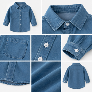 Camisa de Mezclilla Luri para Niños, Estilo Nuevo, 100% Algodón, Cuello Redondo, Manga Larga, Color Sólido, Ropa Casual para Niños - Product Image 2