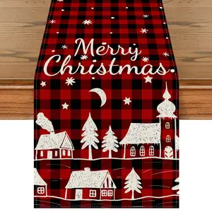 Red Black Buffalo Plaid Merry Christmas Let It Snow Print Winter Table Runner For Home Party Kitchen Dining Table Decoration