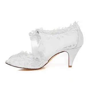 6.8厘米复古鞋跟手工蕾丝鞋面带丝带新娘鞋女式婚宴鞋可染绸缎鞋