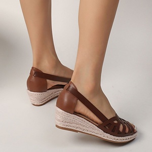 Sandales compensées à bout ouvert en cuir véritable avec semelle en paille respirante pour femme – Idéales pour l'été - Product Image 4