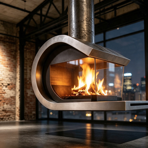 Cheminée suspendue au design exquis, cadre incurvé en C, foyer fermé à 3 côtés en verre, poêle à <span class=keywords><strong>bois</strong></span> sans fumée - Product Image 4